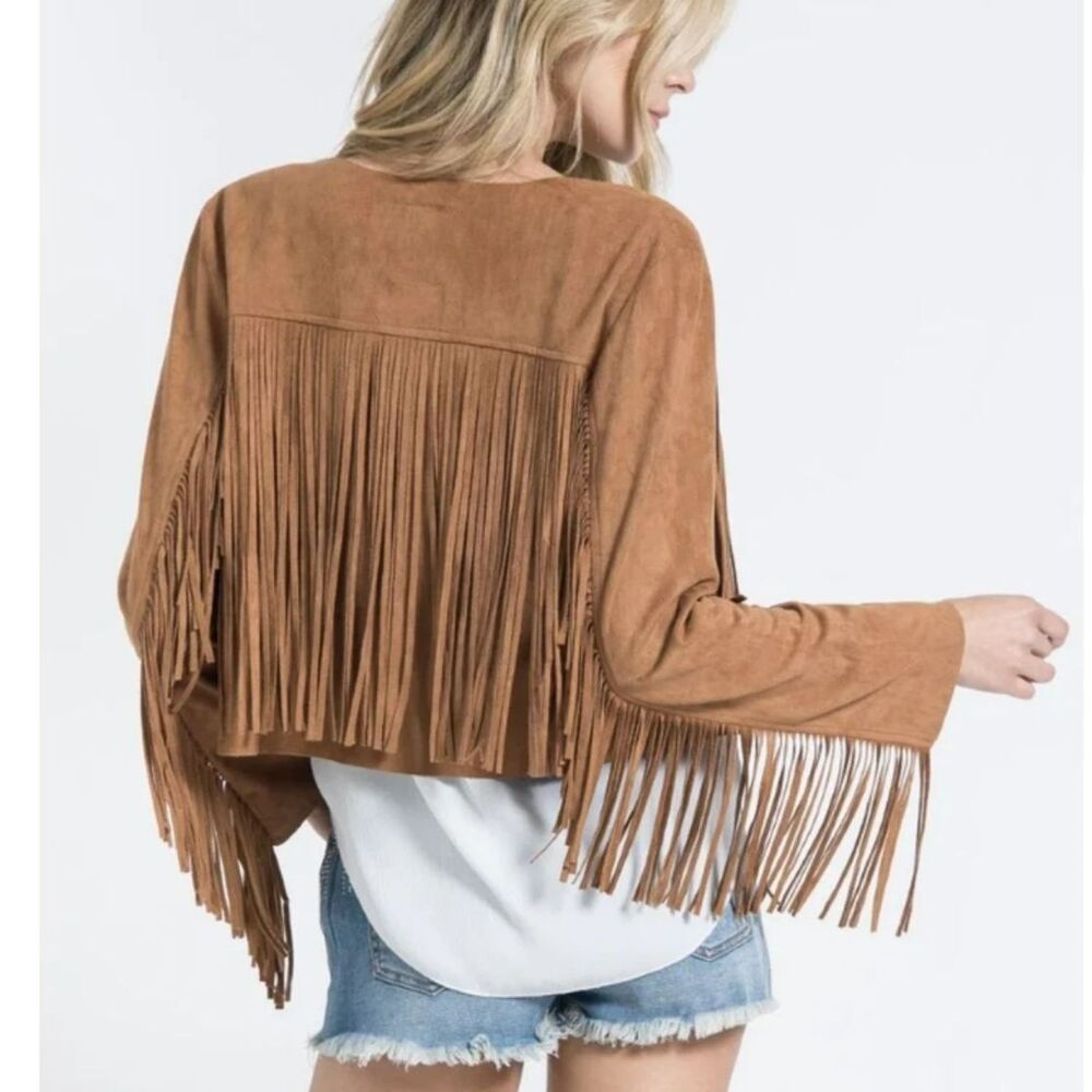 Brown Full Fringe Light Jacket Faux Suede Open Front Western Crop fit Size Large - Picture 7 of 8